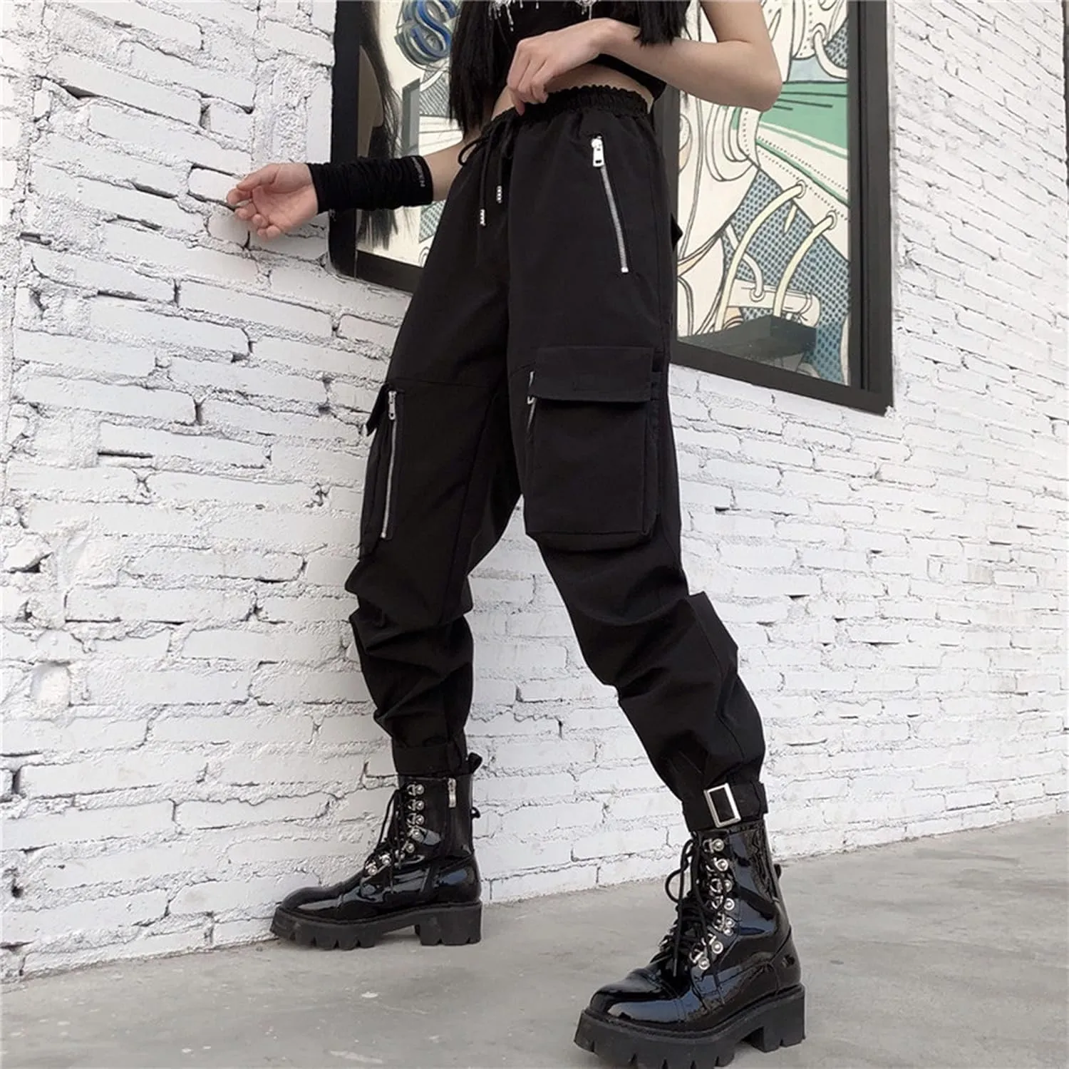 MEINVQIAOTI Black Cargo Pants Women Loose Chained Pants Multi-Pocket Multi-Zip Punk Goth Pants