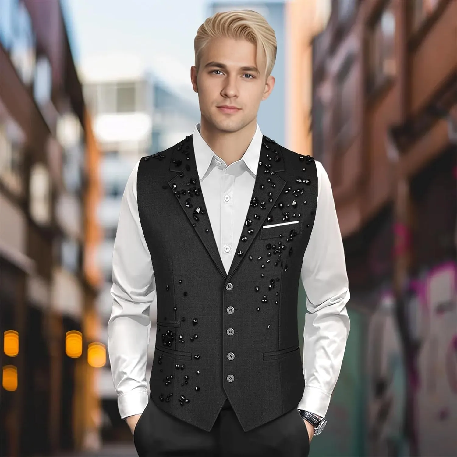 Men's Beads Suit Vest Slim Fit Buesiness Wedding Waistcoat Formal Casual Vests