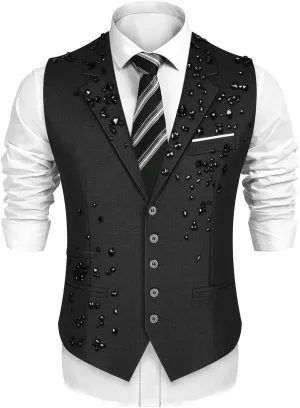 Men's Beads Suit Vest Slim Fit Buesiness Wedding Waistcoat Formal Casual Vests