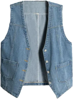 Mens Denim Vests Sleeveless Western Cowboy Retro Button Down Jean Vest Jackets
