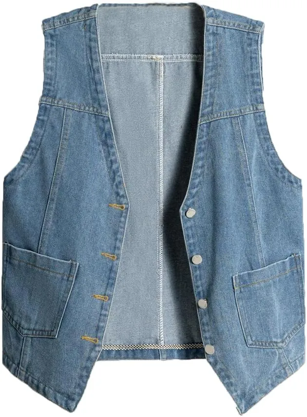 Mens Denim Vests Sleeveless Western Cowboy Retro Button Down Jean Vest Jackets