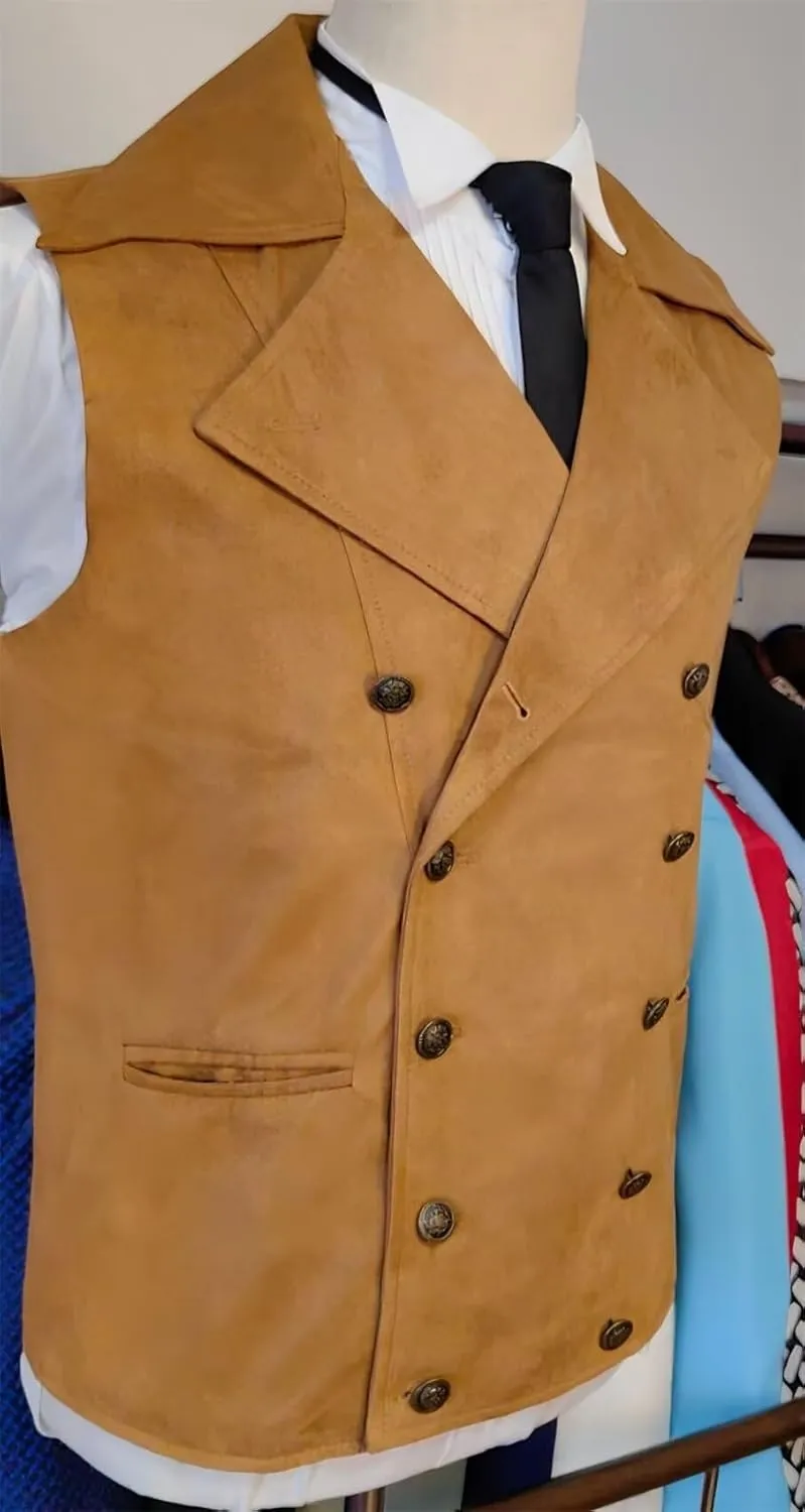 Mens Double Breasted Classic Vests Groomsman Wedding Waistcoat Wide Lapel Suede Leather Casual Business Vest for Men