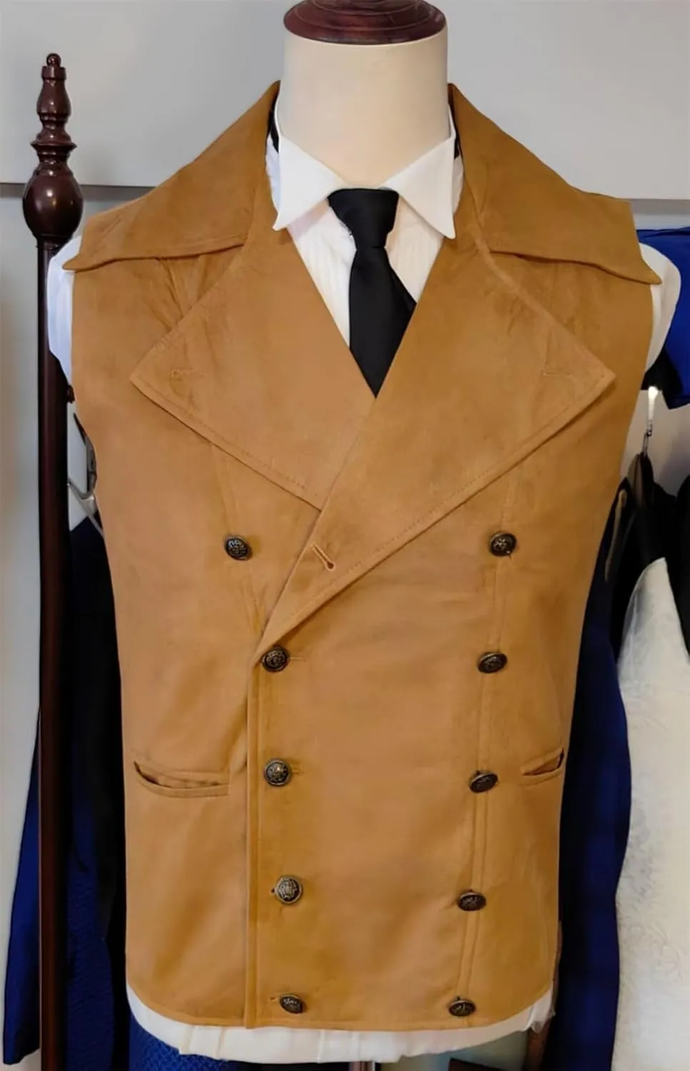 Mens Double Breasted Classic Vests Groomsman Wedding Waistcoat Wide Lapel Suede Leather Casual Business Vest for Men