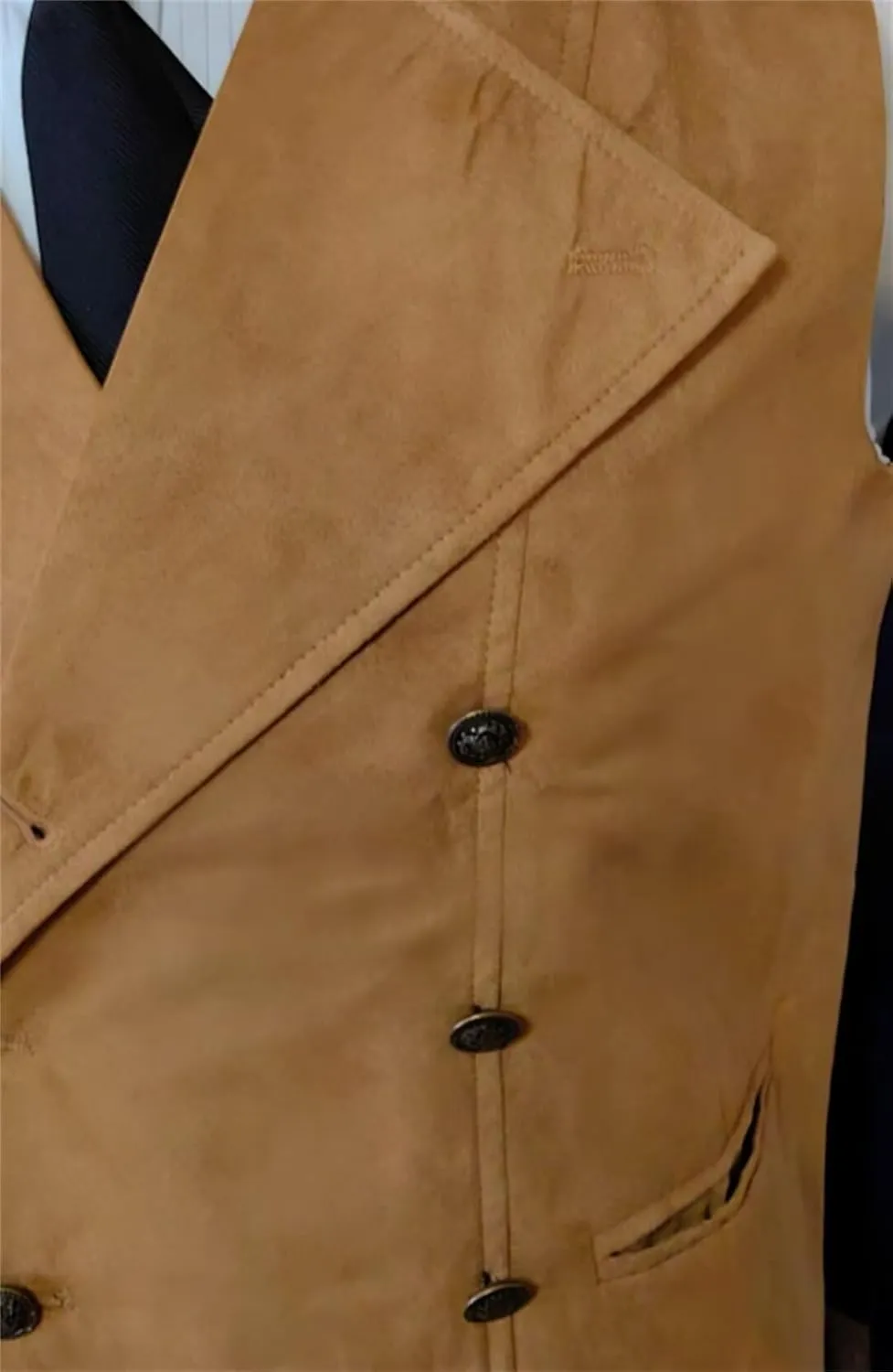Mens Double Breasted Classic Vests Groomsman Wedding Waistcoat Wide Lapel Suede Leather Casual Business Vest for Men