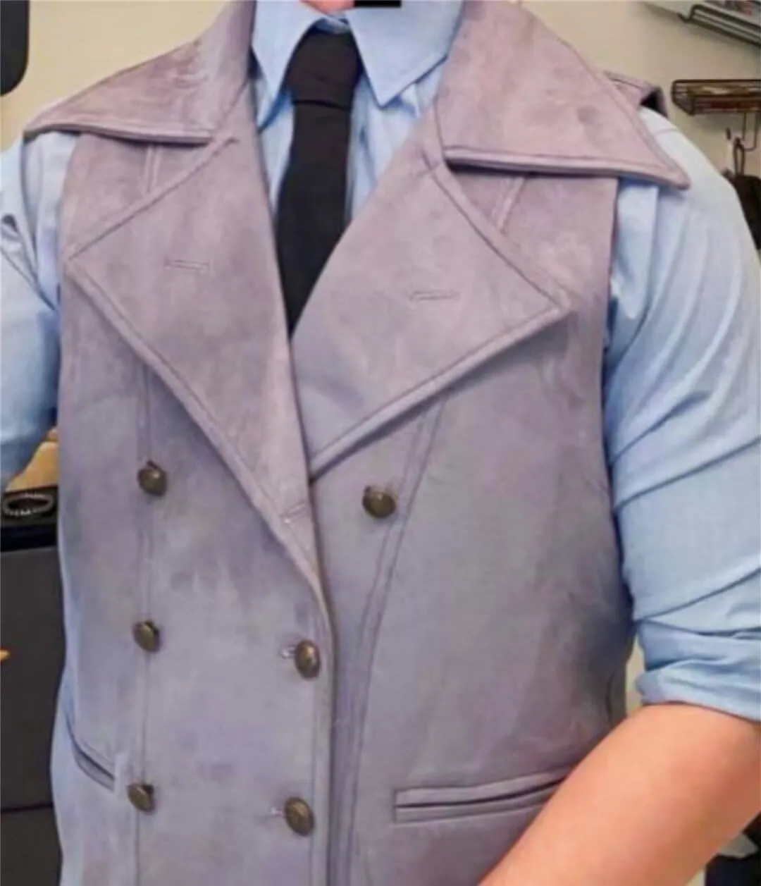 Mens Double Breasted Classic Vests Groomsman Wedding Waistcoat Wide Lapel Suede Leather Casual Business Vest for Men