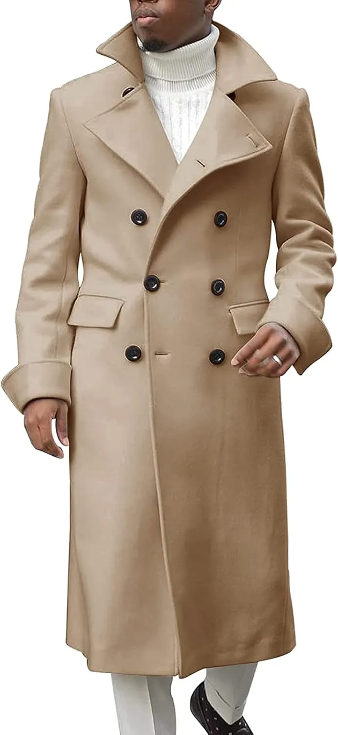 Men's Double Breasted Long Trench Coat Winter Notch Lapel Windbreaker Overcoat Casual Slim Business Pea Jacket