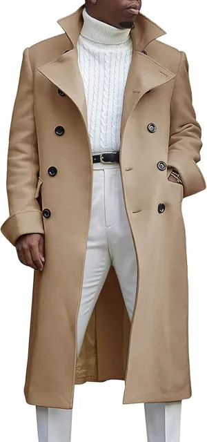 Men's Double Breasted Long Trench Coat Winter Notch Lapel Windbreaker Overcoat Casual Slim Business Pea Jacket