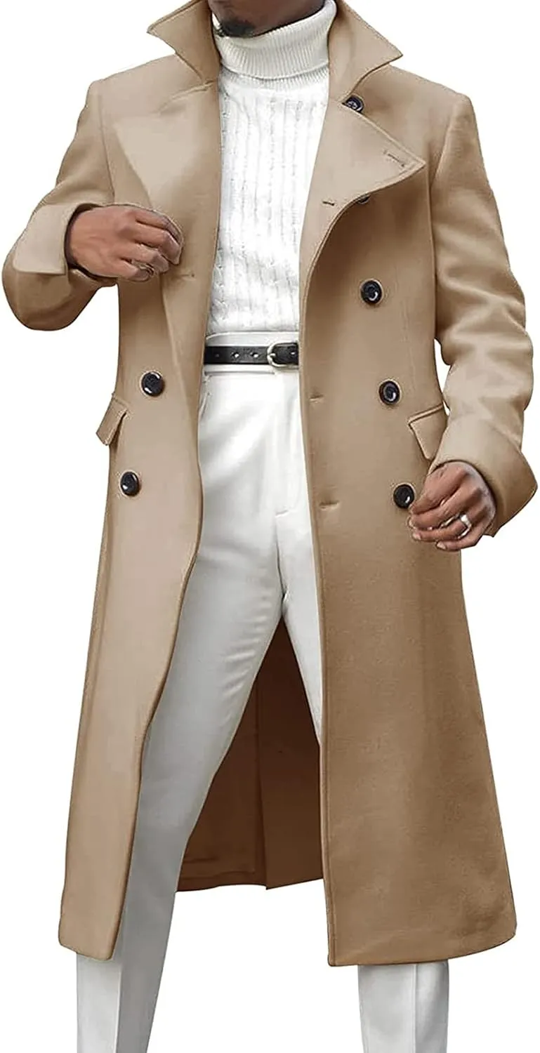 Men's Double Breasted Long Trench Coat Winter Notch Lapel Windbreaker Overcoat Casual Slim Business Pea Jacket