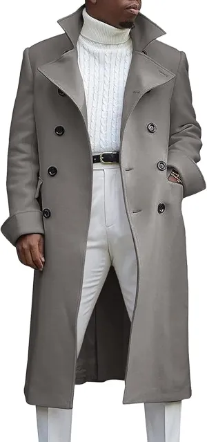 Men's Double Breasted Long Trench Coat Winter Notch Lapel Windbreaker Overcoat Casual Slim Business Pea Jacket