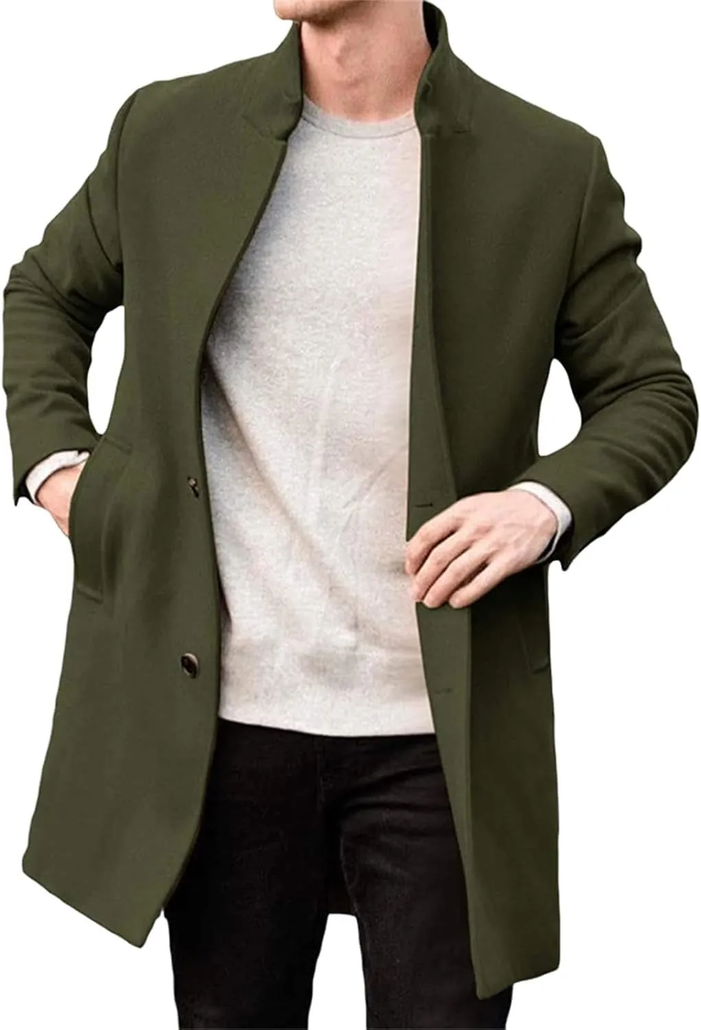 Mens Fall Winter Single Breasted Pea Coat Trench Coat Slim Fit Notched Collar Warm Soft Overcoat