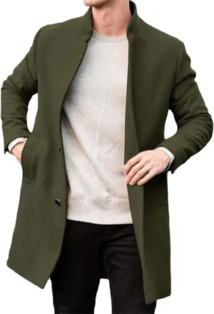 Mens Fall Winter Single Breasted Pea Coat Trench Coat Slim Fit Notched Collar Warm Soft Overcoat