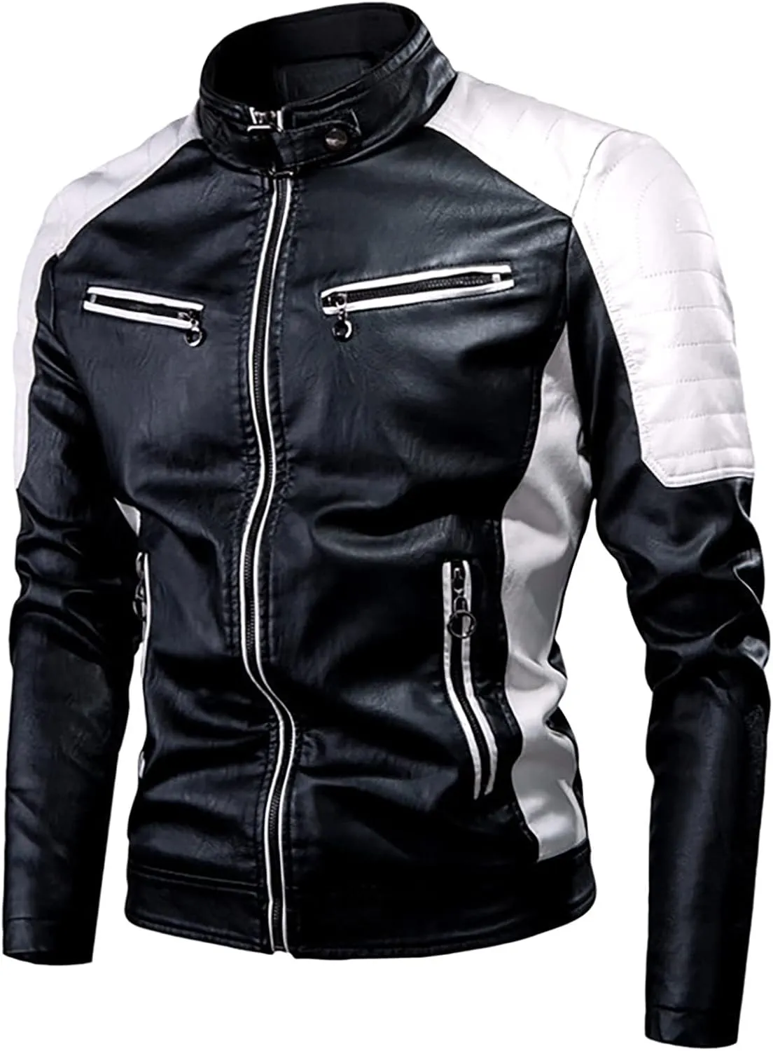Men's Faux Leather Jacket Stand Collar Motorcycle Leather Jackets Casual Lightweight Zip Up Biker Coat