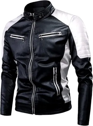Men's Faux Leather Jacket Stand Collar Motorcycle Leather Jackets Casual Lightweight Zip Up Biker Coat