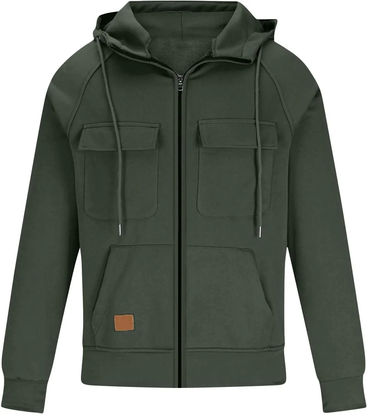 Men's Full-Zip Green Hoodie with Multiple Pockets, Soft Fleece, Adjustable Drawstring Hood, Casual Wear