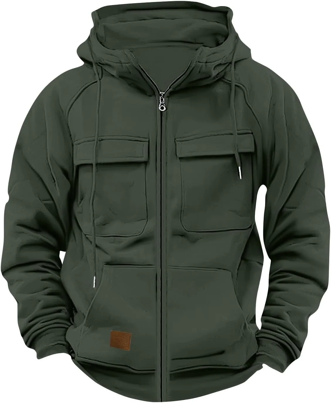 Men's Full-Zip Green Hoodie with Multiple Pockets, Soft Fleece, Adjustable Drawstring Hood, Casual Wear