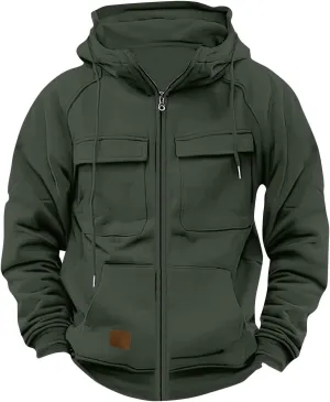 Men's Full-Zip Green Hoodie with Multiple Pockets, Soft Fleece, Adjustable Drawstring Hood, Casual Wear