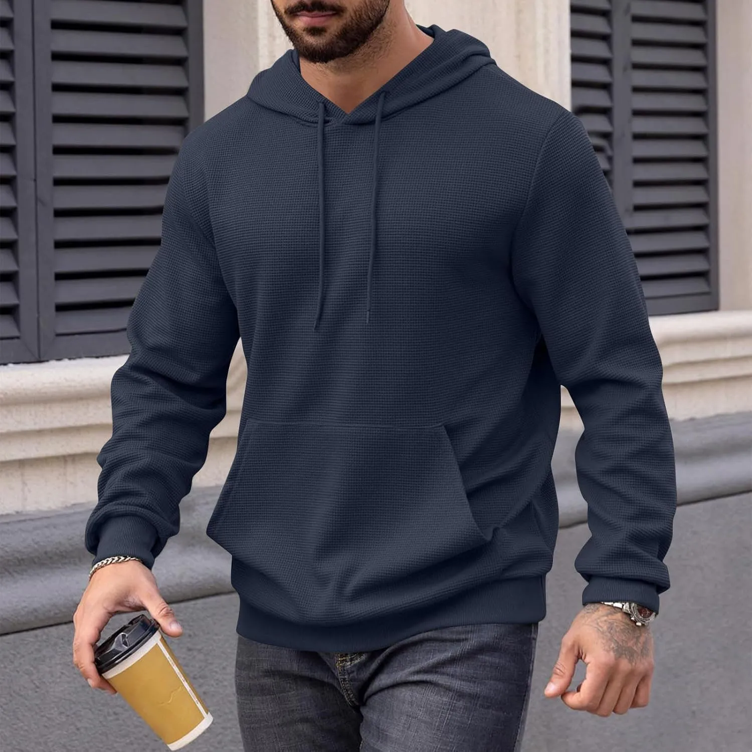 Mens Hooded Sweatshirts Pullover Causal Stylish Solid Long Sleeve Drawstring Gym Hooded Shirt Outdoor Fashion Top Tee