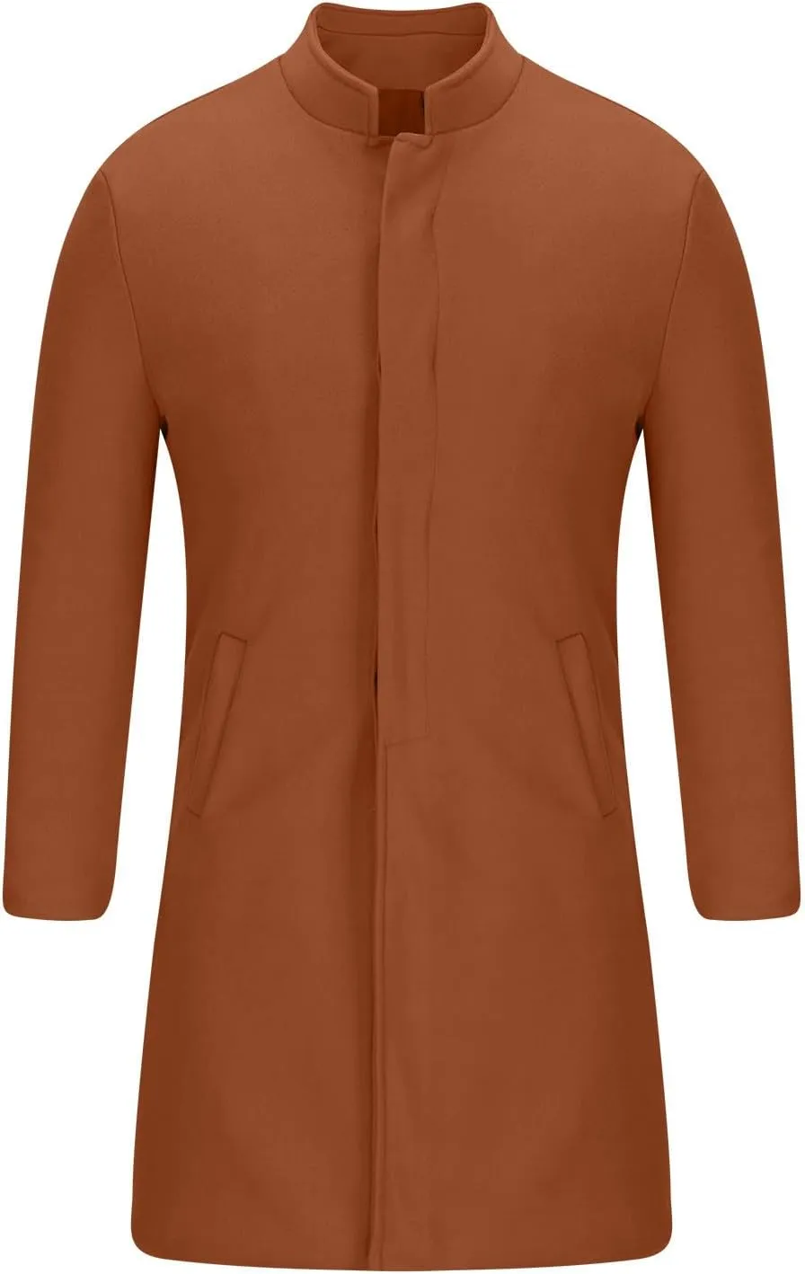 Men's Luxury Mid Length Trench Coat Long Wool Overcoat Winter Windbreaker Stand Collar Casual Outwear & Jackets