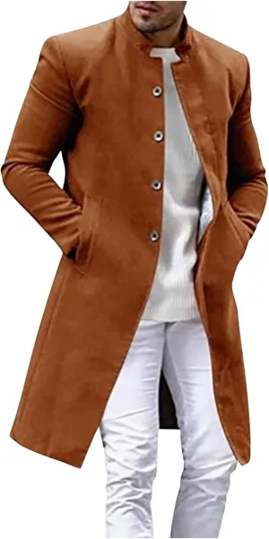 Men's Luxury Mid Length Trench Coat Long Wool Overcoat Winter Windbreaker Stand Collar Casual Outwear & Jackets