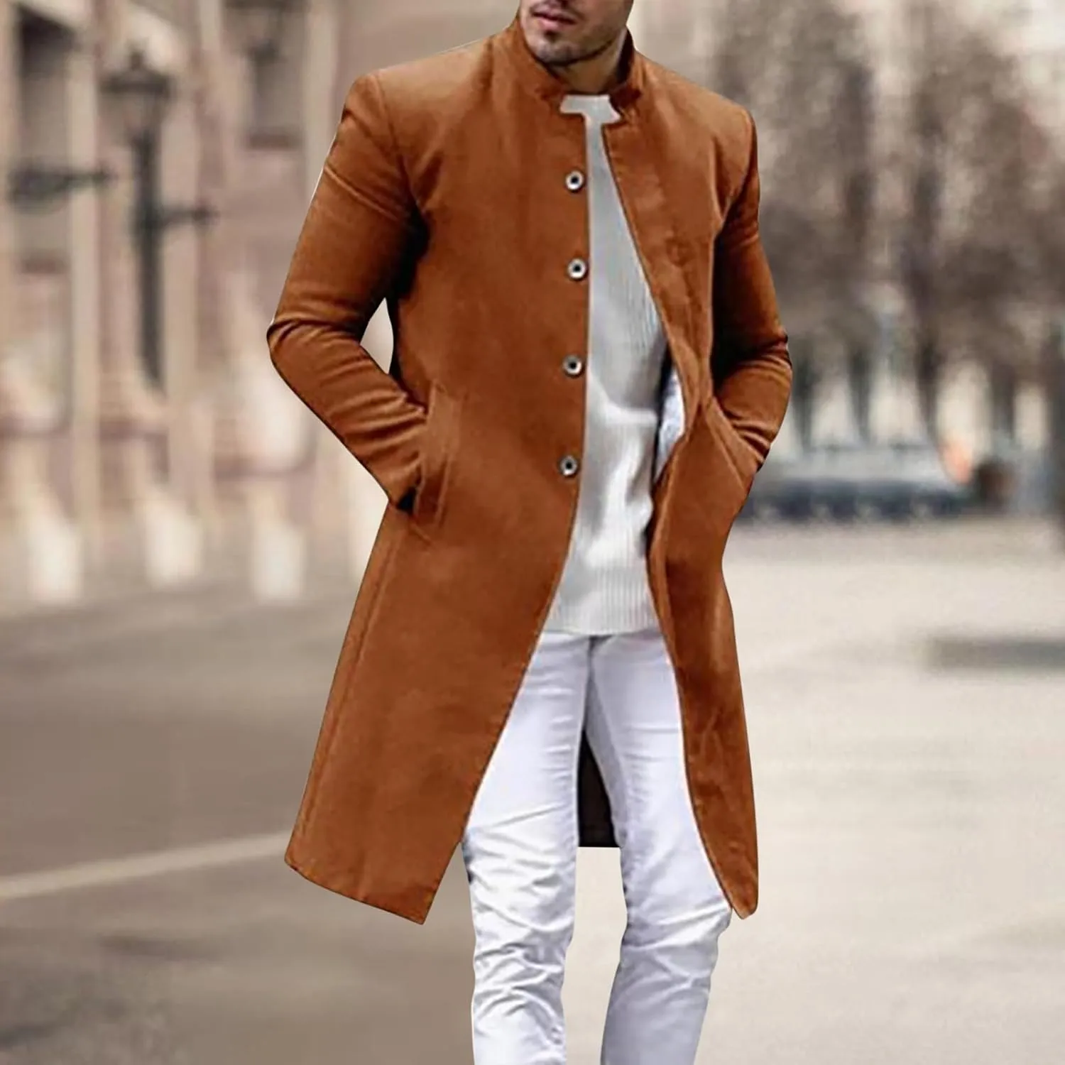 Men's Luxury Mid Length Trench Coat Long Wool Overcoat Winter Windbreaker Stand Collar Casual Outwear & Jackets