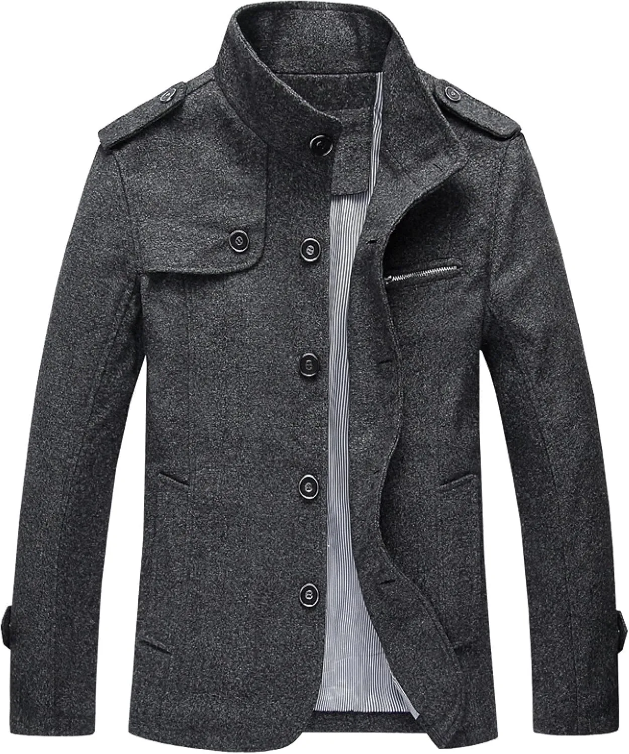 Men's Pea Coats Stand Collar Single-Breasted Trench Jackets Fall Winter Zipper Pocket Work Dress Overcoat Plus Size
