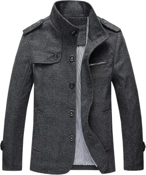 Men's Pea Coats Stand Collar Single-Breasted Trench Jackets Fall Winter Zipper Pocket Work Dress Overcoat Plus Size