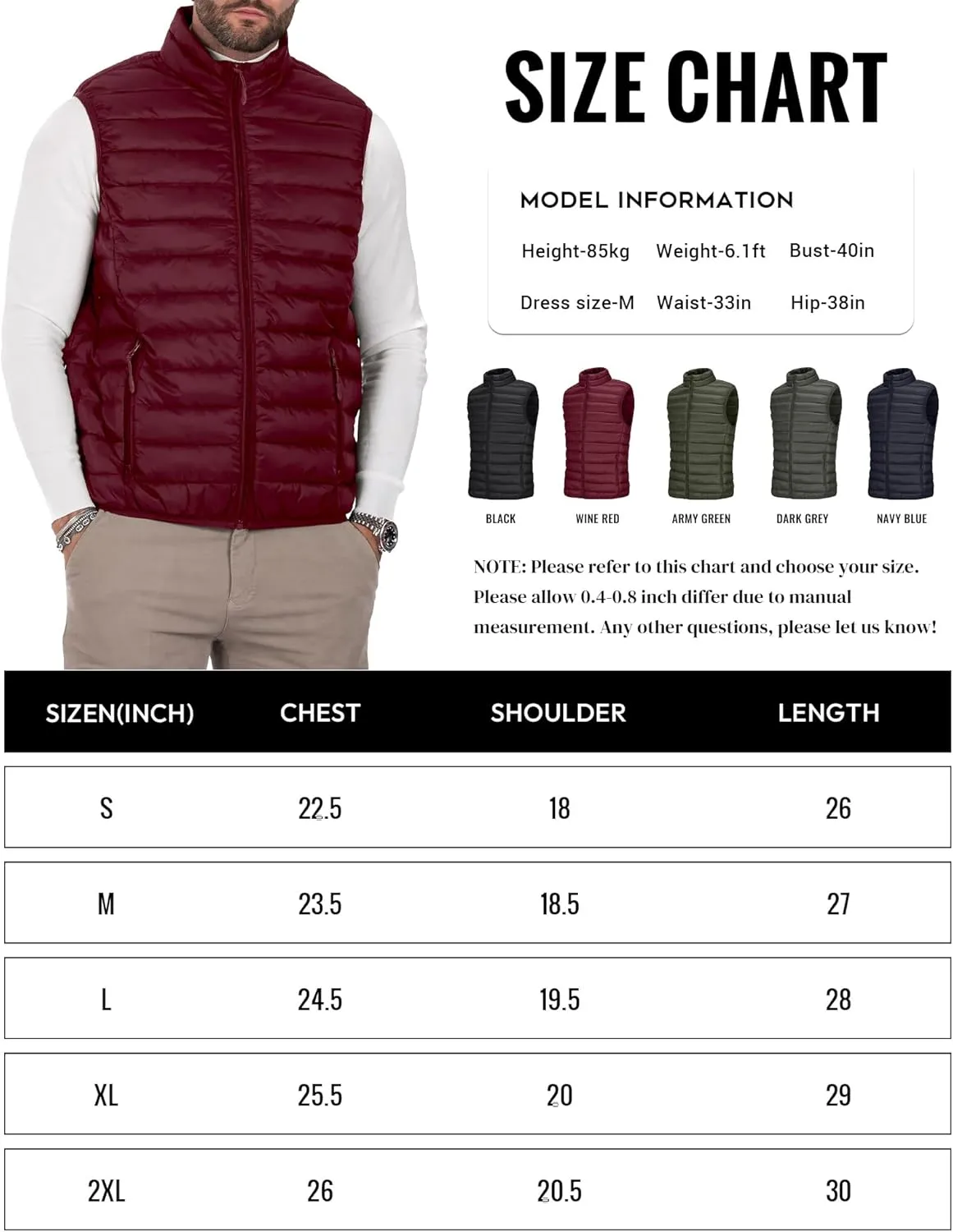Men's Puffer Vest Outerwear Winter Warm Sleeveless Jacket Zipper Quilted Puffy Vests Size M To 2XL
