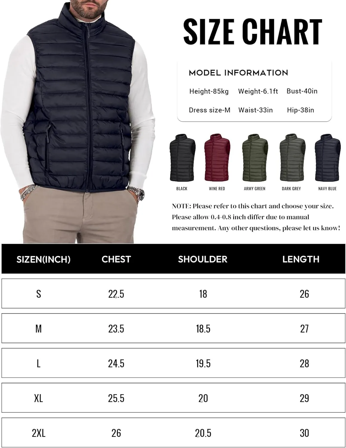 Men's Puffer Vest Outerwear Winter Warm Sleeveless Jacket Zipper Quilted Puffy Vests Size M To 2XL