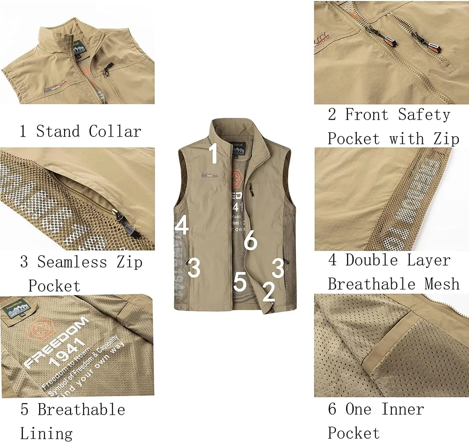 Mens Quick Dry Fishing Vests Lightweight Sleeveless Jackets with Zipper Pockets for Travel Hiking