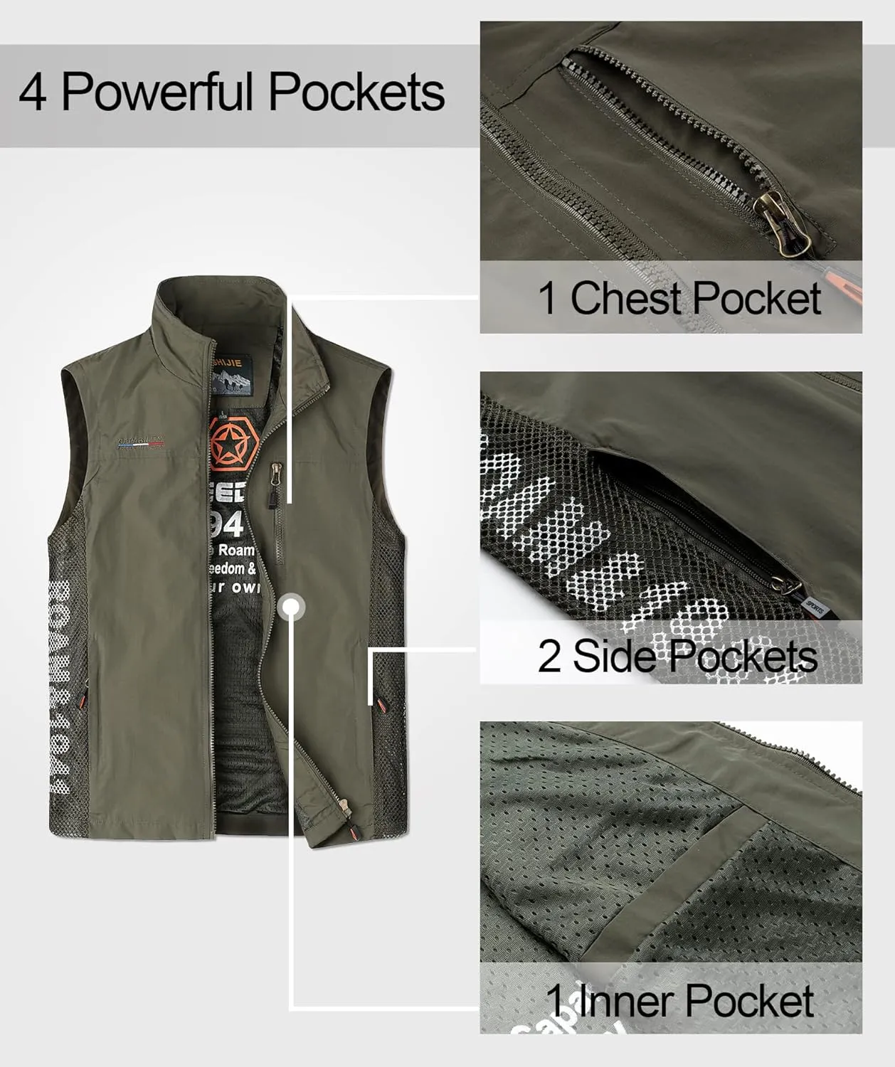 Mens Quick Dry Fishing Vests Lightweight Sleeveless Jackets with Zipper Pockets for Travel Hiking