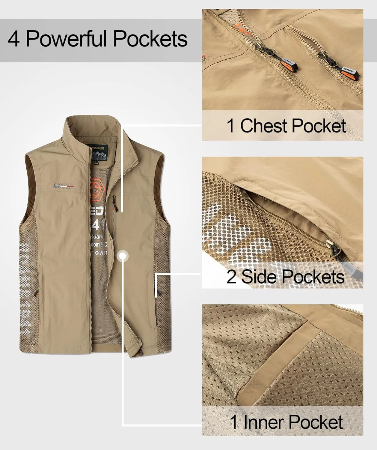 Mens Quick Dry Fishing Vests Lightweight Sleeveless Jackets with Zipper Pockets for Travel Hiking