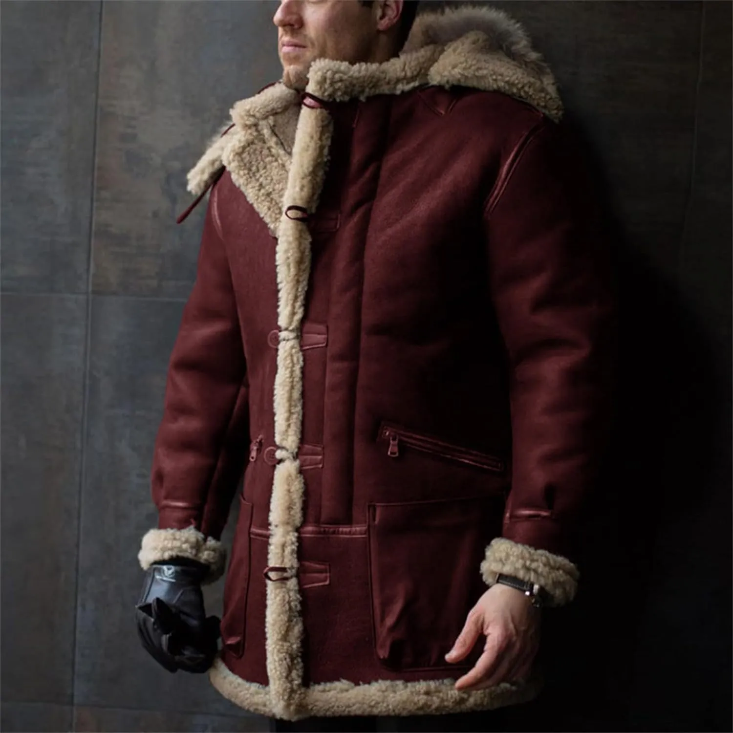 Men's Shearling Leather Coat Suede Sherpa Lined Fleece Sheepskin Pea Coat Jacket Faux Fur Vintage Long Trench Coat