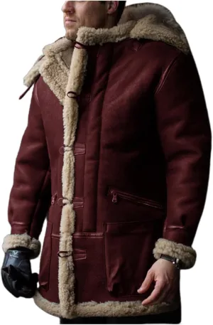Men's Shearling Leather Coat Suede Sherpa Lined Fleece Sheepskin Pea Coat Jacket Faux Fur Vintage Long Trench Coat