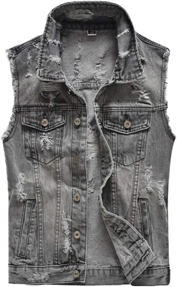Men's Sleeveless Ripped Denim Vest Casual Slim Fit Button Down Jeans Vests Jacket