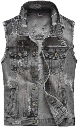Men's Sleeveless Ripped Denim Vest Casual Slim Fit Button Down Jeans Vests Jacket