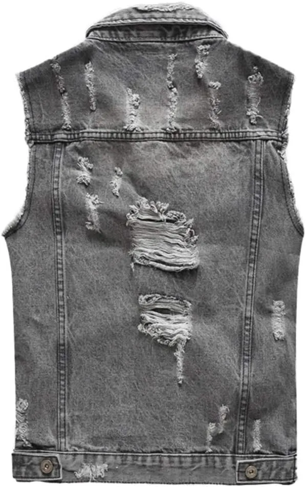 Men's Sleeveless Ripped Denim Vest Casual Slim Fit Button Down Jeans Vests Jacket
