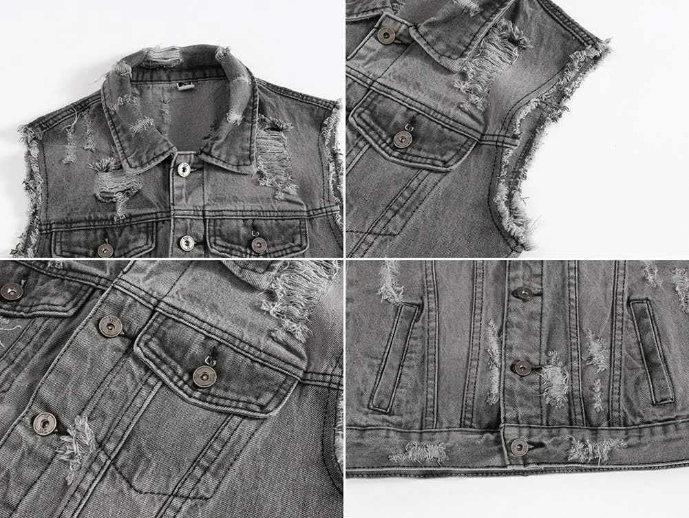 Men's Sleeveless Ripped Denim Vest Casual Slim Fit Button Down Jeans Vests Jacket