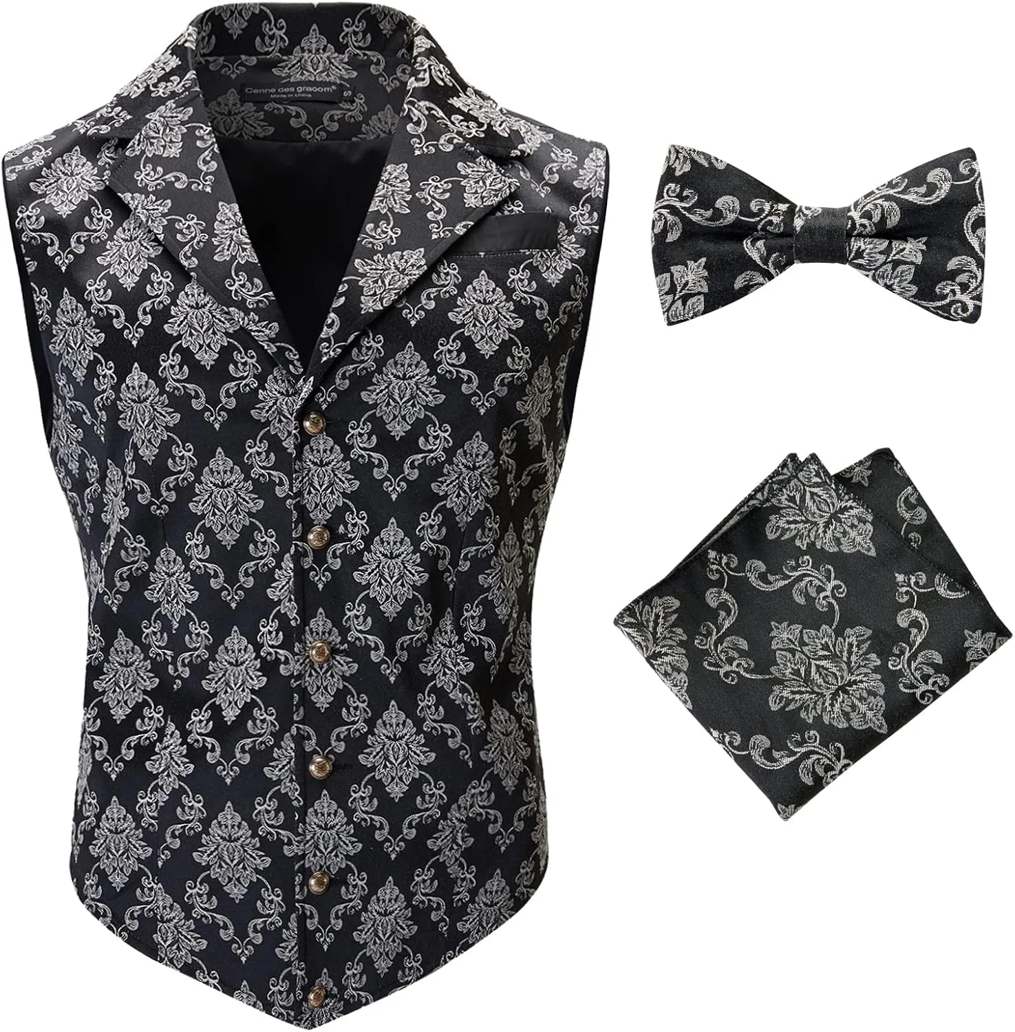 Mens Suit Vest Paisley Floral Victorian Vests Steampunk Gothic Waistcoat & bow tie Pocket Square
