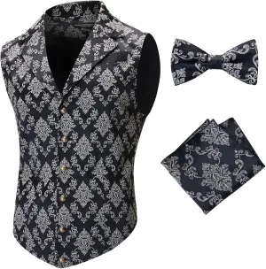 Mens Suit Vest Paisley Floral Victorian Vests Steampunk Gothic Waistcoat & bow tie Pocket Square