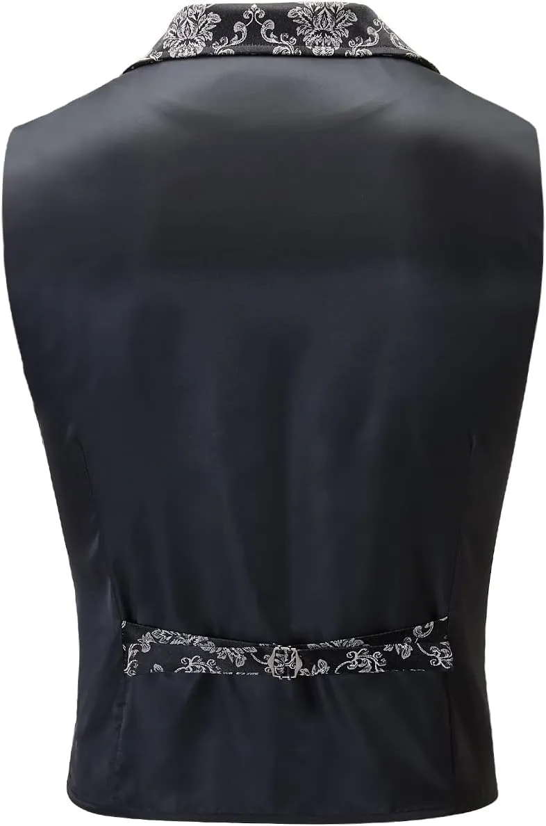 Mens Suit Vest Paisley Floral Victorian Vests Steampunk Gothic Waistcoat & bow tie Pocket Square
