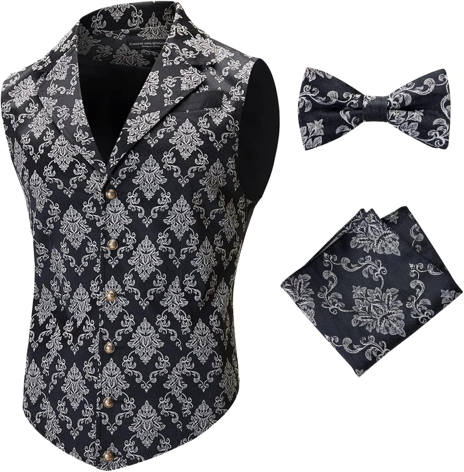 Mens Suit Vest Paisley Floral Victorian Vests Steampunk Gothic Waistcoat & bow tie Pocket Square