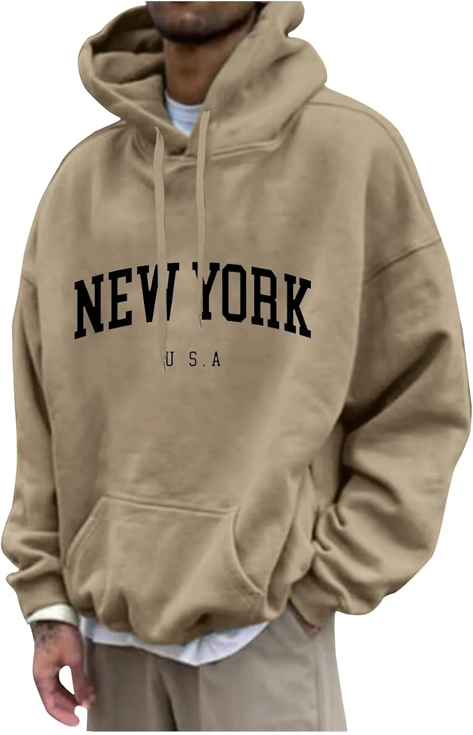 Mens Sweatshirt 2024 Casual Cotton Hooded Collar Drawstring Hoodie Letter Print Long Sleeve Warm Pullover with Pocket