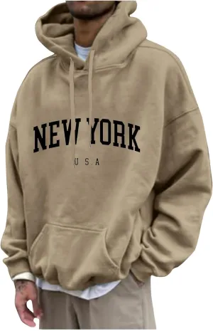 Mens Sweatshirt 2024 Casual Cotton Hooded Collar Drawstring Hoodie Letter Print Long Sleeve Warm Pullover with Pocket