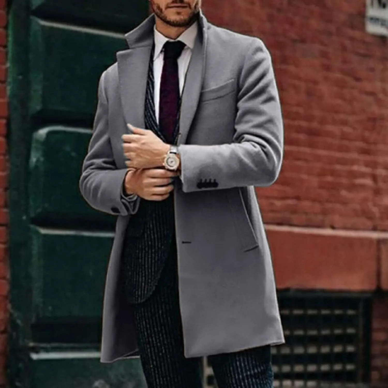 Mens Trench Coat Notched Collar Single Breasted Peacoat Winter Overcoat With Pockets Windbreaker Warm Jackets