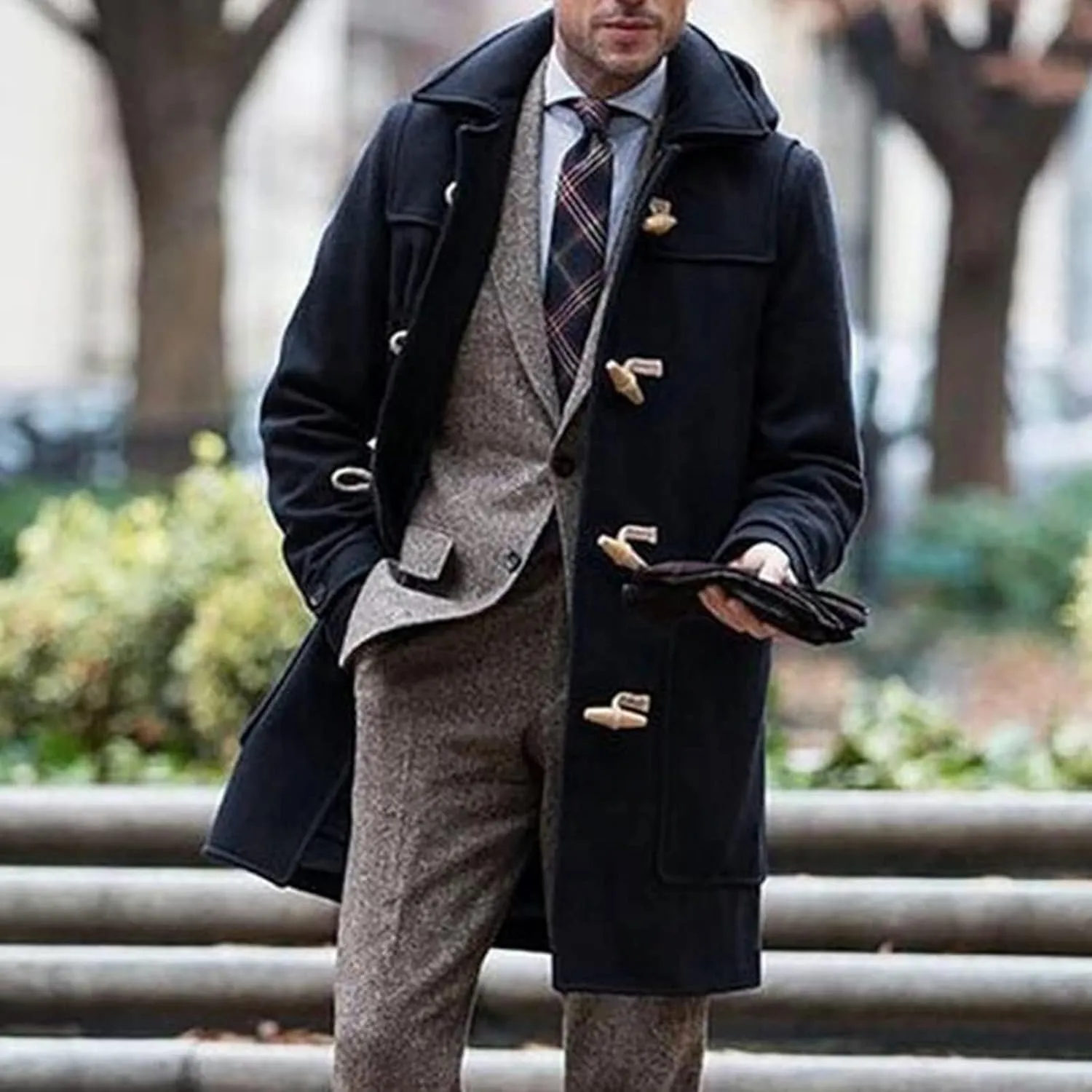Mens Trench Coat Notched Collar Single Breasted Peacoat Winter Overcoat With Pockets Windbreaker Warm Jackets