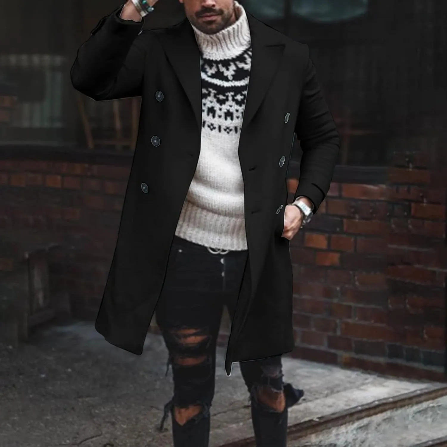 Mens Trench Coat Notched Collar Single Breasted Peacoat Winter Overcoat With Pockets Windbreaker Warm Jackets