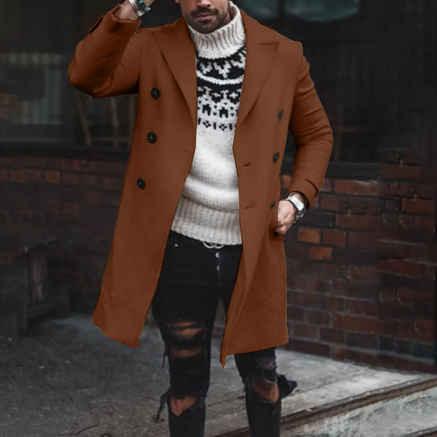 Mens Trench Coat Notched Collar Single Breasted Peacoat Winter Overcoat With Pockets Windbreaker Warm Jackets