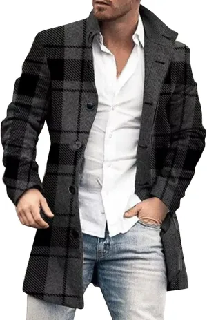 Mens Trench Coat Single Breasted Winter Warm Slim Fit Pea Coat Notched Collar Casual Overcoat Work Business Jacket
