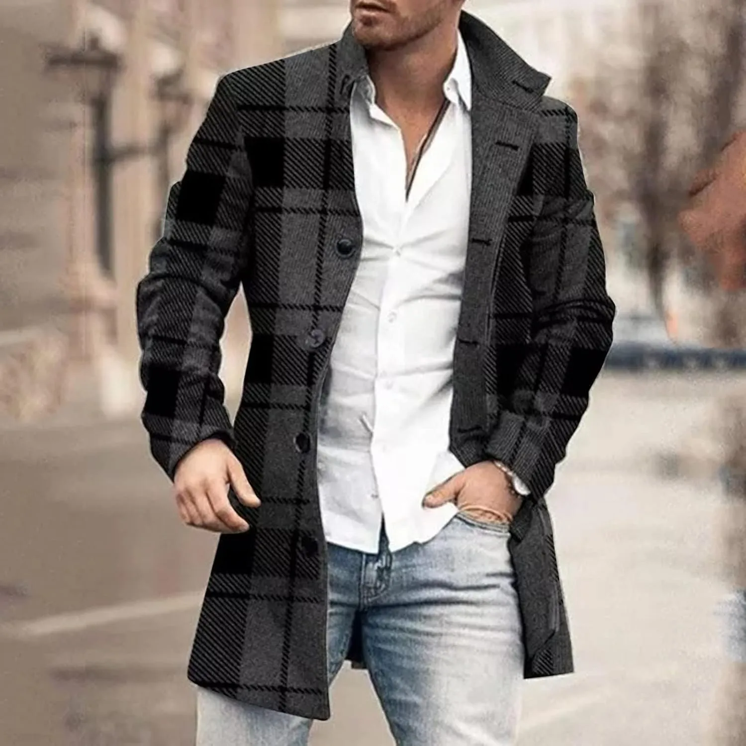 Mens Trench Coat Single Breasted Winter Warm Slim Fit Pea Coat Notched Collar Casual Overcoat Work Business Jacket