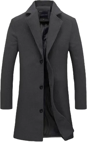 Mens Trench Coats Winter Long Jackets Wool Blend Pea Coat Trendy Notched Lapel Overcoat Single Breasted Jacket